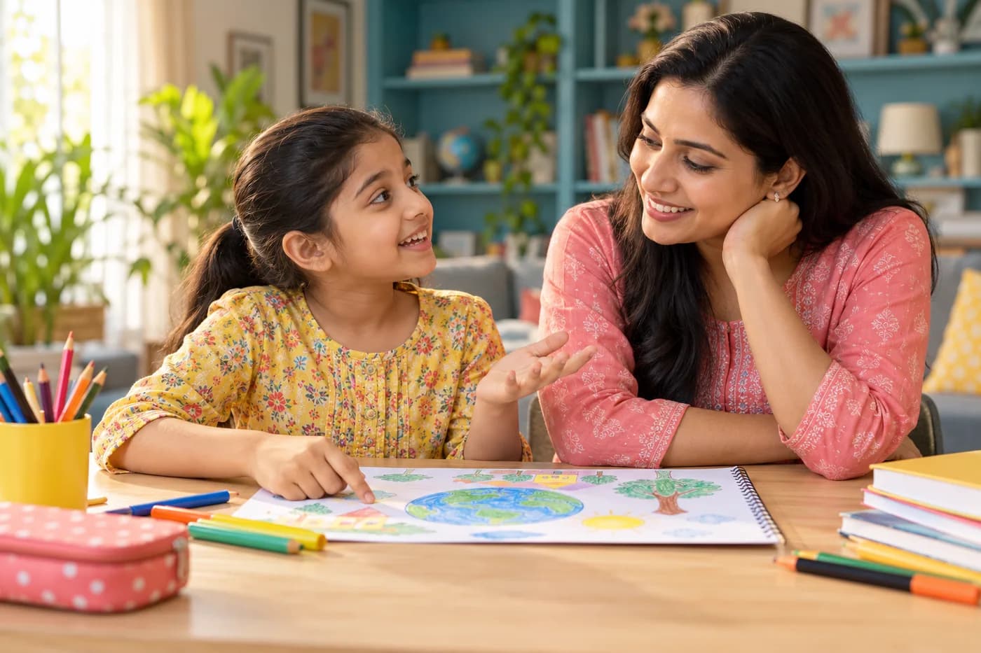 An illustrative Indian parent and child sharing a moment of learning at home