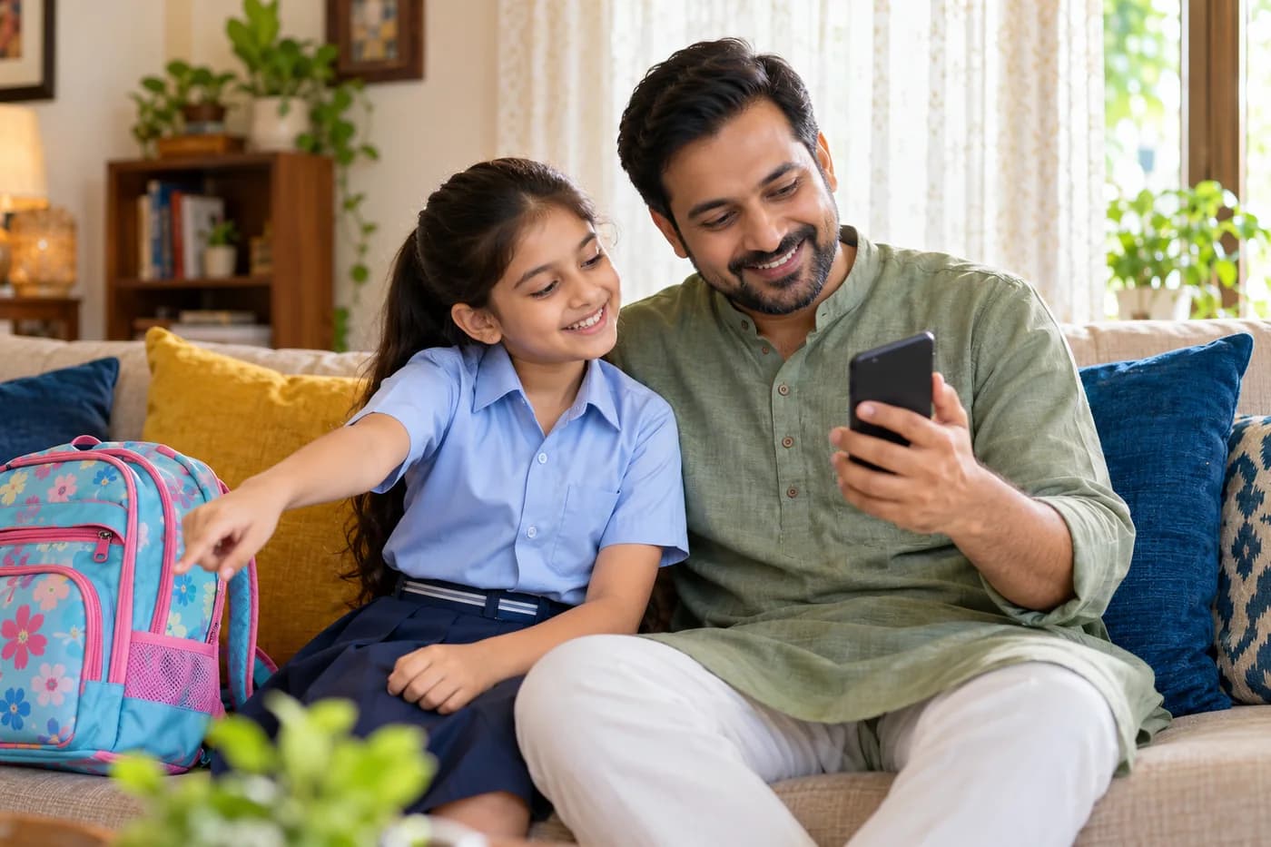 Illustrative Indian father and daughter checking a school update on a phone at home