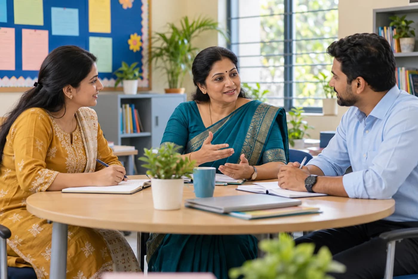 Illustrative Indian school principal planning the week with two teachers