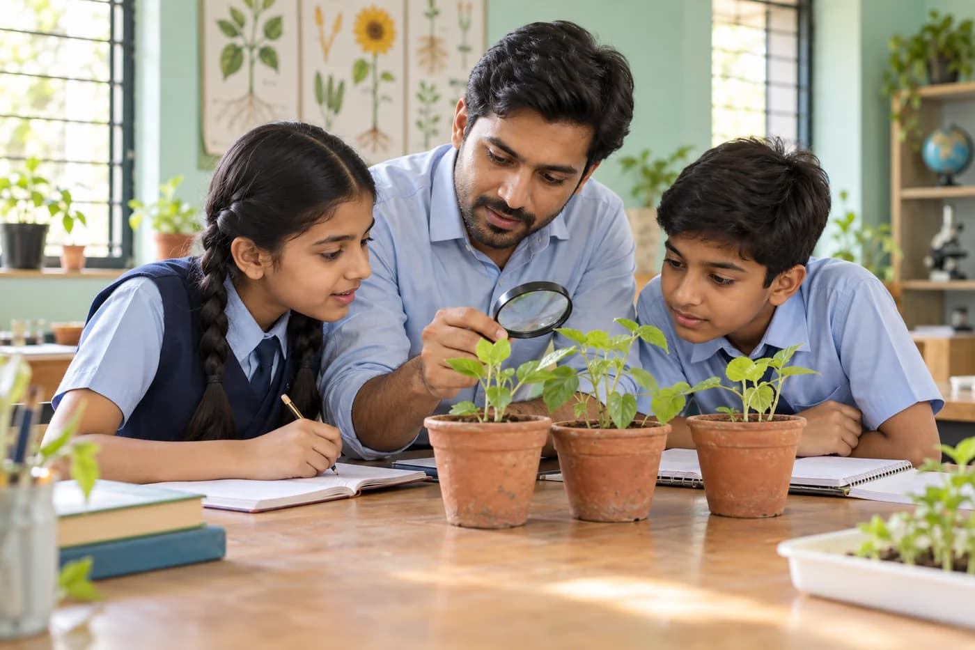Illustrative science lesson with an Indian teacher and two pupils observing seedlings