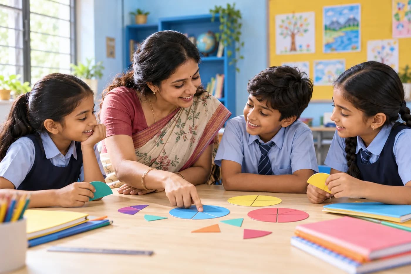 An illustrative Indian classroom: a teacher and children explore fractions with paper shapes